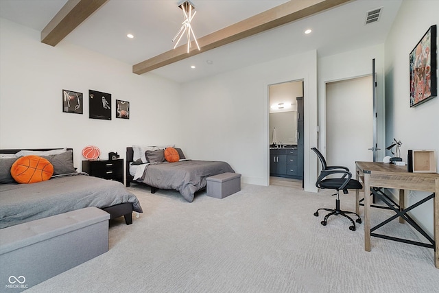 1269 Chatham Rdg Ct, Westfield, IN 46074 - bedroom with beam ceiling, light colored carpet, recessed lighting, ensuite bath, and a desk