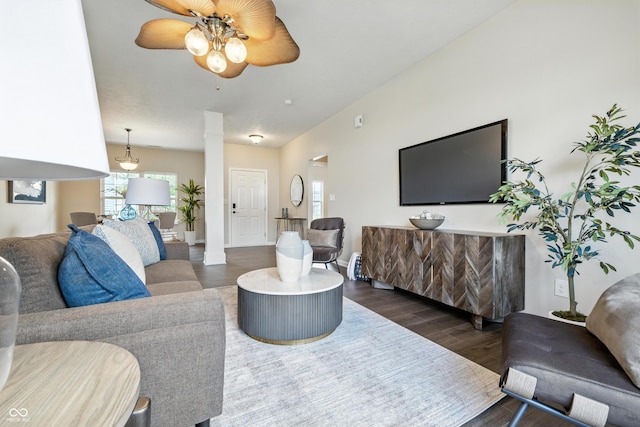 12404 Titans Dr, Fishers, IN 46037 - living area with a ceiling fan, dark wood-style floors, and decorative columns