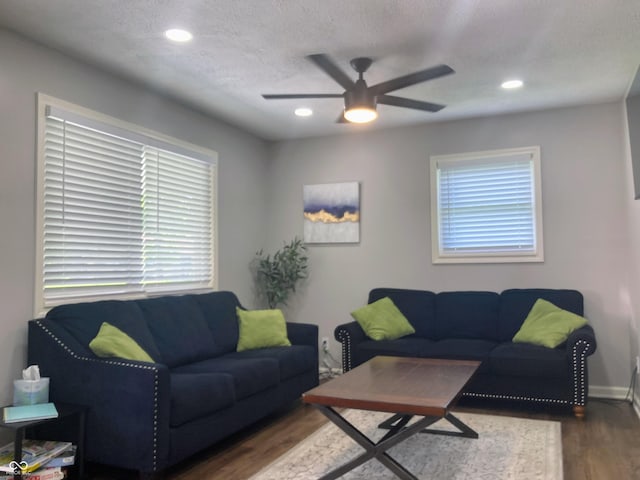 2822 Tindall St, Indianapolis, IN 46203 - living room with wood finished floors, a ceiling fan, recessed lighting, and a textured ceiling