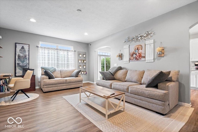 1158 Thistlewood Way, Plainfield, IN 46168 - living room with arched walkways, wood finished floors, recessed lighting, and a textured ceiling