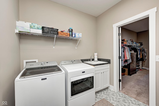 1432 Hideaway Cir, Brownsburg, IN 46112 - laundry area with washer and clothes dryer, cabinet space, and light colored carpet