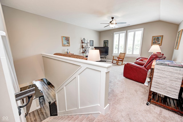 1432 Hideaway Cir, Brownsburg, IN 46112 - living room featuring a ceiling fan, light colored carpet, and vaulted ceiling