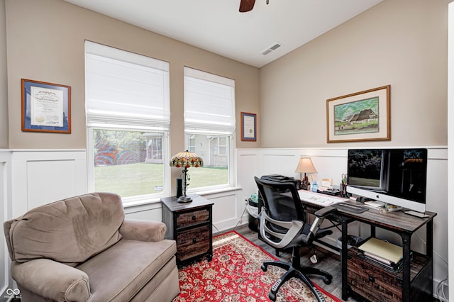 1432 Hideaway Cir, Brownsburg, IN 46112 - home office featuring a wainscoted wall, a ceiling fan, wood finished floors, and a decorative wall