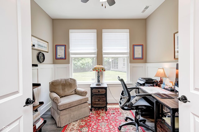 1432 Hideaway Cir, Brownsburg, IN 46112 - office area with a decorative wall, ceiling fan, wood finished floors, and a wainscoted wall
