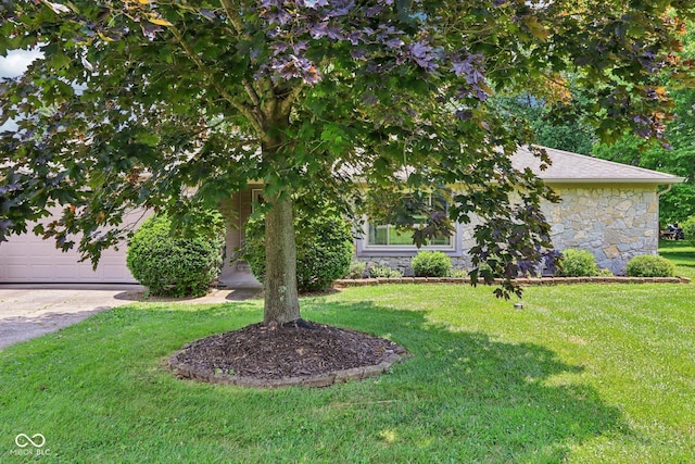 1441 N 700 W, Greenfield, IN 46140 - view of front of home featuring stone siding, a front yard, a shingled roof, and driveway