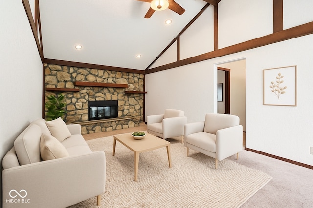 1441 N 700 W, Greenfield, IN 46140 - living room featuring carpet, a ceiling fan, high vaulted ceiling, recessed lighting, and a stone fireplace
