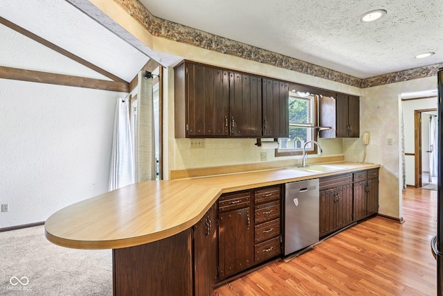 1441 N 700 W, Greenfield, IN 46140 - kitchen featuring stainless steel dishwasher, dark brown cabinetry, a textured ceiling, decorative backsplash, and a textured wall