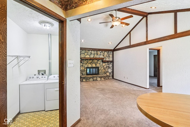1441 N 700 W, Greenfield, IN 46140 - laundry room featuring washing machine and dryer, a ceiling fan, a stone fireplace, carpet flooring, and recessed lighting