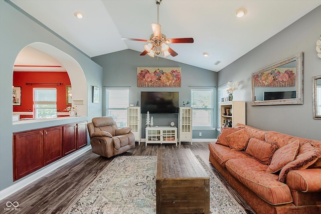 7092 Bridgemont Ct, Avon, IN 46123 - living area featuring ceiling fan, dark wood finished floors, vaulted ceiling, healthy amount of natural light, and recessed lighting