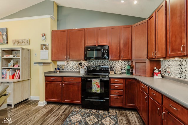 7092 Bridgemont Ct, Avon, IN 46123 - kitchen featuring black appliances, lofted ceiling, dark wood finished floors, tasteful backsplash, and dark brown cabinets