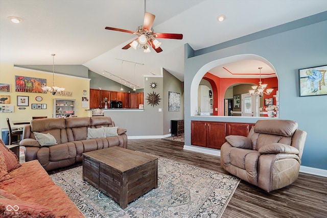 7092 Bridgemont Ct, Avon, IN 46123 - living room with a chandelier, arched walkways, a ceiling fan, dark wood finished floors, and lofted ceiling