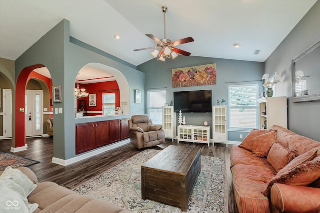 7092 Bridgemont Ct, Avon, IN 46123 - living room with a ceiling fan, lofted ceiling, dark wood-style floors, and arched walkways