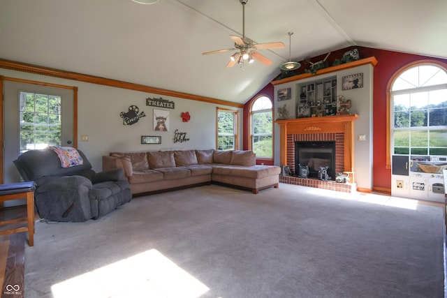 4340 W County Rd 1100 S, Paris Crossing, IN 47270 - living room featuring carpet, lofted ceiling, ceiling fan, a brick fireplace, and healthy amount of natural light