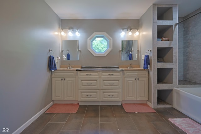 4340 W County Rd 1100 S, Paris Crossing, IN 47270 - full bathroom featuring double vanity, a bath, tiled shower, and tile patterned floors