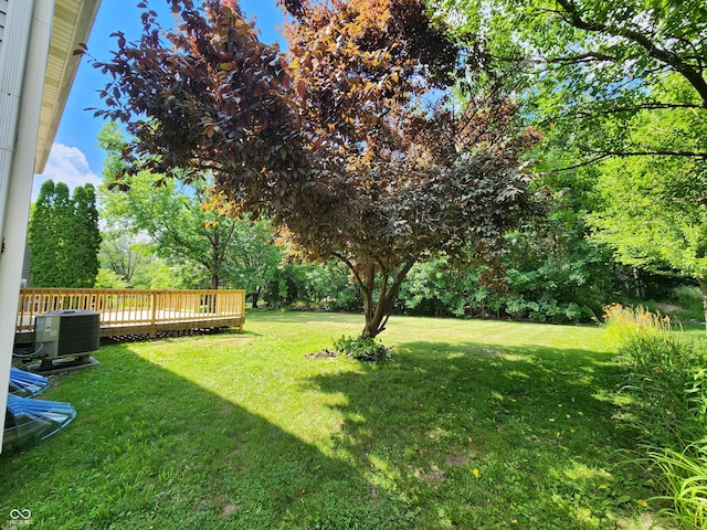 4536 Clayburn Dr, Indianapolis, IN 46268 - view of green lawn with a wooden deck and view of scattered trees