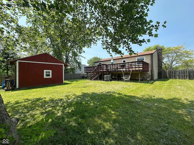 7607 Ardwell Ct, Indianapolis, IN 46237 - fenced backyard featuring a deck, stairs, and a storage shed