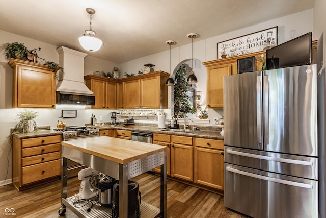 10585 Windward Dr, Indianapolis, IN 46234 - kitchen with appliances with stainless steel finishes, custom exhaust hood, dark wood-style floors, and wood counters
