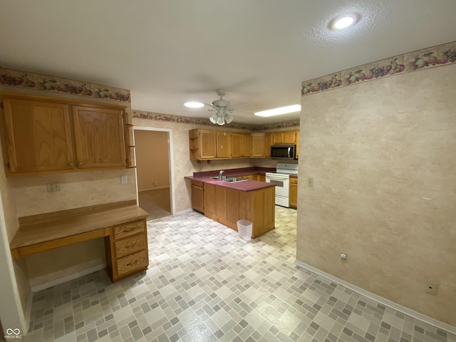 3910 S Baytree Ln, Bloomington, IN 47401 - kitchen featuring white electric range, stainless steel microwave, a ceiling fan, open shelves, and a peninsula