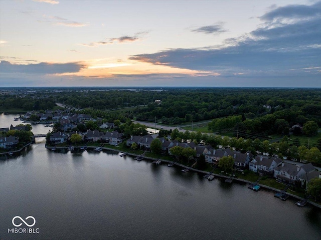 11137 Peppermill Ln, Fishers, IN 46037 - aerial view at dusk of a water view, a residential view, and a view of trees