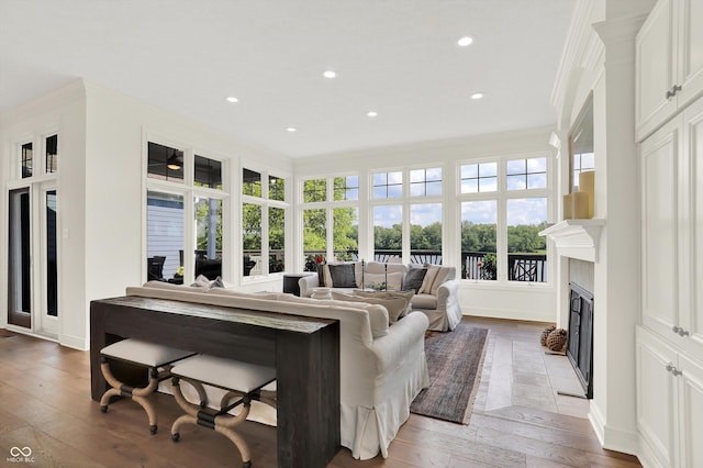 11137 Peppermill Ln, Fishers, IN 46037 - living area featuring light wood-type flooring, a glass covered fireplace, recessed lighting, crown molding, and plenty of natural light