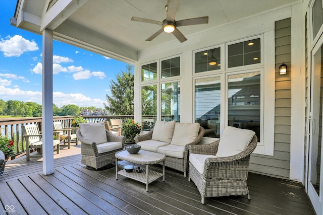11137 Peppermill Ln, Fishers, IN 46037 - wooden terrace featuring an outdoor hangout area and a ceiling fan