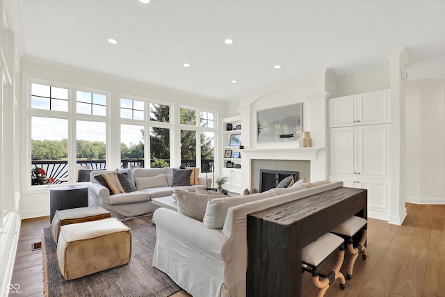 11137 Peppermill Ln, Fishers, IN 46037 - living area featuring a glass covered fireplace, hardwood / wood-style floors, recessed lighting, and ornamental molding