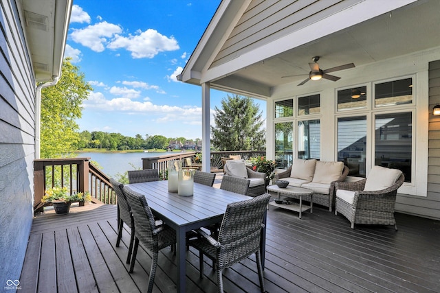 11137 Peppermill Ln, Fishers, IN 46037 - wooden deck featuring an outdoor hangout area, a water view, ceiling fan, and outdoor dining space