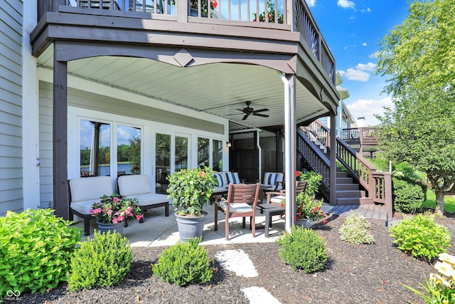 11137 Peppermill Ln, Fishers, IN 46037 - view of patio featuring outdoor lounge area, a ceiling fan, and stairs