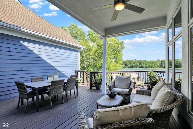 11137 Peppermill Ln, Fishers, IN 46037 - deck featuring outdoor dining area, ceiling fan, a water view, and outdoor lounge area