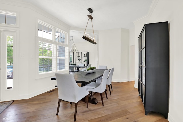 11137 Peppermill Ln, Fishers, IN 46037 - dining room with plenty of natural light, hardwood / wood-style flooring, ornamental molding, and a chandelier