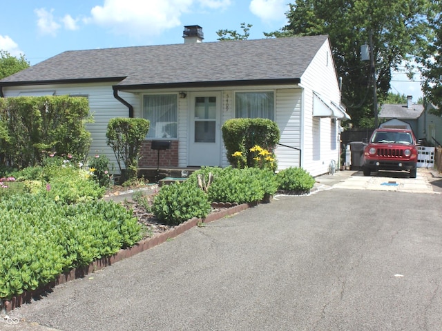view of front facade with a chimney and a shingled roof
