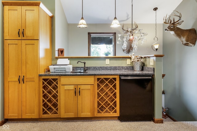 20136 Stone Church Rd, Laurel, IN 47024 - indoor wet bar featuring black dishwasher, light colored carpet, and hanging light fixtures