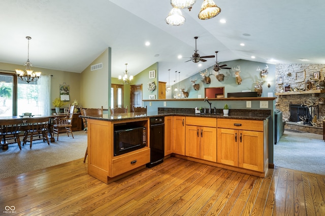 20136 Stone Church Rd, Laurel, IN 47024 - kitchen with a chandelier, black microwave, light wood-style flooring, vaulted ceiling, and a ceiling fan