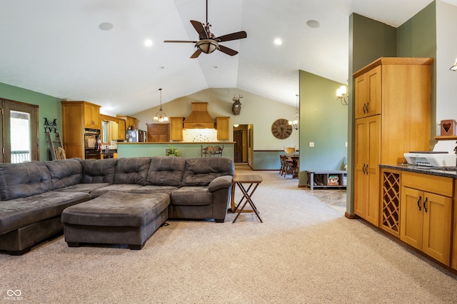 20136 Stone Church Rd, Laurel, IN 47024 - living room with light carpet, lofted ceiling, and ceiling fan