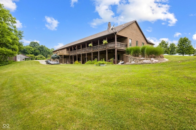 20136 Stone Church Rd, Laurel, IN 47024 - rear view of property featuring a lawn, a wooden deck, and a chimney