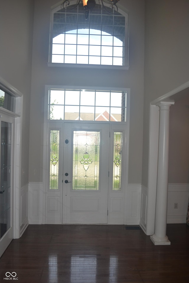10166 Ranford Blvd, Fishers, IN 46040 - foyer entrance featuring a towering ceiling, decorative columns, wood finished floors, a wainscoted wall, and a decorative wall