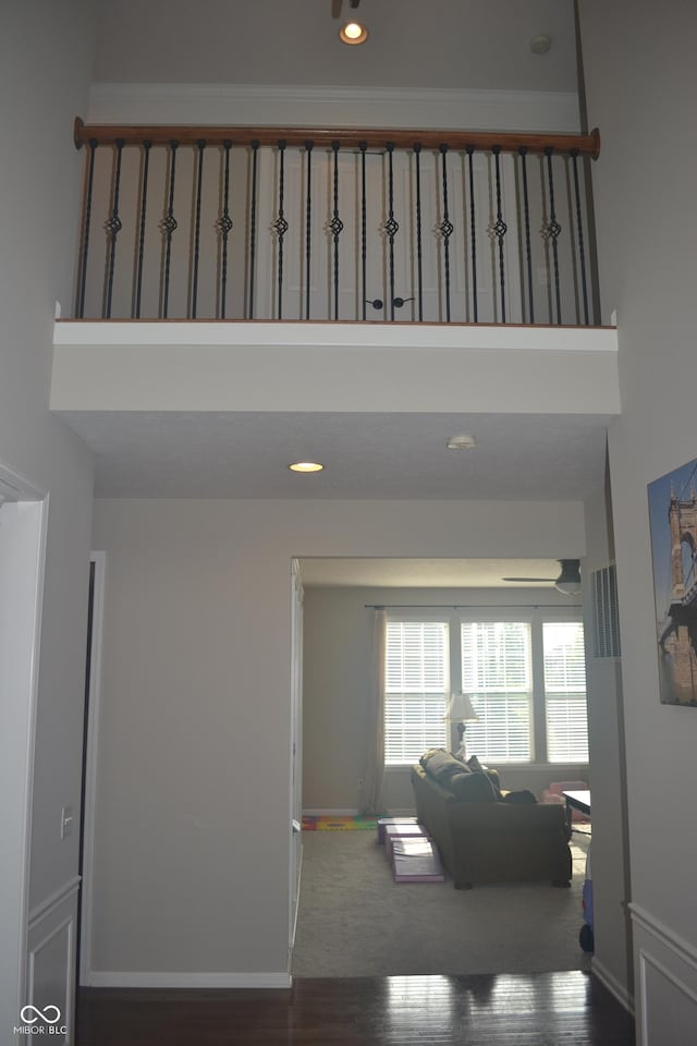 10166 Ranford Blvd, Fishers, IN 46040 - corridor featuring a high ceiling, wood finished floors, and recessed lighting