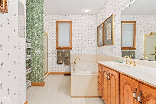 2320 Whispering Way, Indianapolis, IN 46239 - full bath with wallpapered walls, vanity, a whirlpool tub, and a shower stall