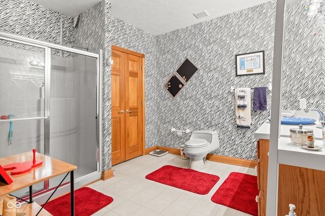 2320 Whispering Way, Indianapolis, IN 46239 - full bathroom featuring vanity, a shower stall, tile patterned floors, and wallpapered walls