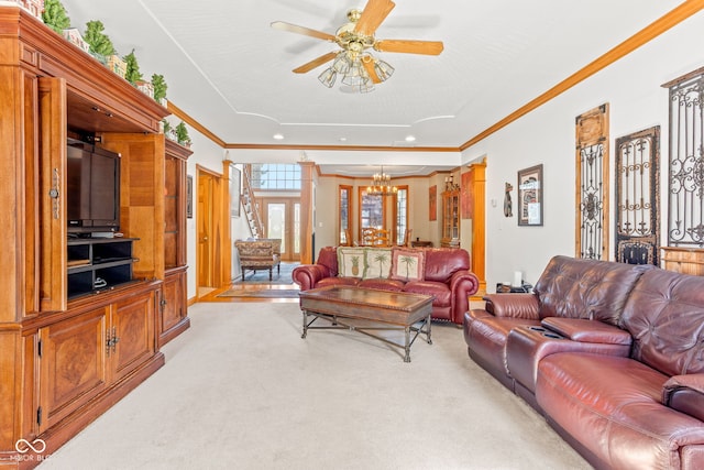 2320 Whispering Way, Indianapolis, IN 46239 - living area with light colored carpet, crown molding, a chandelier, ceiling fan, and recessed lighting