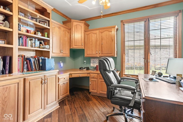 2320 Whispering Way, Indianapolis, IN 46239 - office area featuring ornamental molding, dark wood-type flooring, ceiling fan, and built in study area