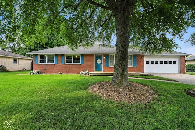 3504 White River Ct, Anderson, IN 46012 - ranch-style house with a garage, brick siding, driveway, and a front lawn