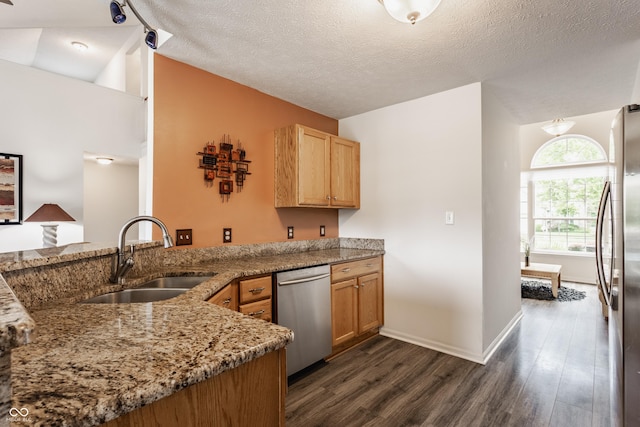 13390 Grosbeak Ct, Carmel, IN 46033 - kitchen featuring appliances with stainless steel finishes, dark wood-type flooring, vaulted ceiling, stone countertops, and a textured ceiling