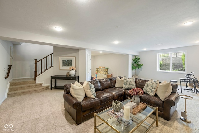 2566 Maple Creek Dr, Westfield, IN 46074 - living area featuring light colored carpet, stairs, and recessed lighting