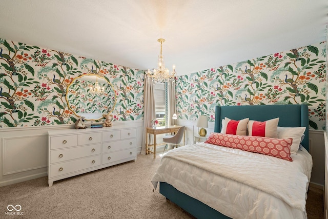 2566 Maple Creek Dr, Westfield, IN 46074 - bedroom with wallpapered walls, a wainscoted wall, a chandelier, and light colored carpet