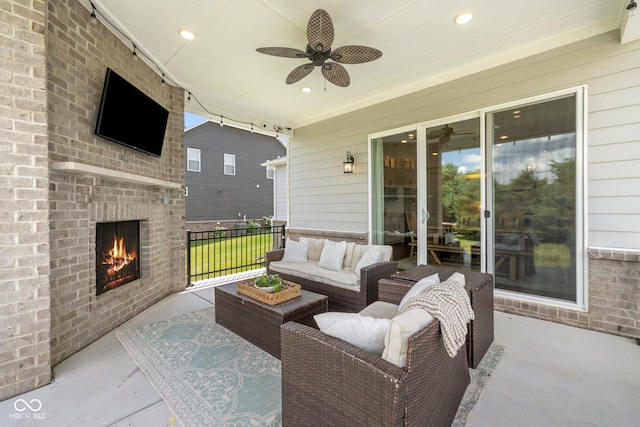 2566 Maple Creek Dr, Westfield, IN 46074 - view of patio with a ceiling fan and an outdoor living space with a fireplace