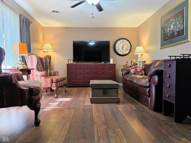 3303 N 850 E, Columbus, IN 47203 - living room with ceiling fan and dark wood-style flooring