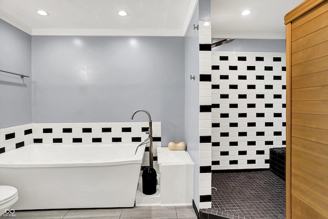 549 Dylan Dr, Avon, IN 46123 - full bath with a freestanding bath, a tile shower, ornamental molding, recessed lighting, and tile patterned flooring