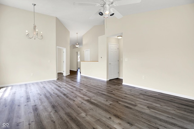 549 Dylan Dr, Avon, IN 46123 - unfurnished living room featuring high vaulted ceiling, a ceiling fan, dark wood-style floors, and a chandelier