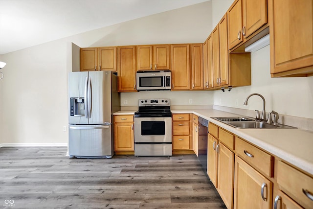549 Dylan Dr, Avon, IN 46123 - kitchen with stainless steel appliances, vaulted ceiling, light countertops, and wood finished floors